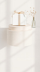 Fototapeta premium Minimalist white cake with gold accents on a white pedestal, set against a soft natural light background with a delicate vase of dried flowers nearby