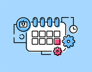 a concept of time management with AI. managing time and schedule with the help of artificial intelligence. services and technology. illustration of calendar, gears, and robot symbols. flat outline