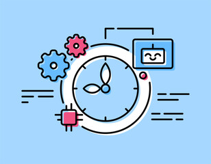 a concept of time management with AI. managing time and schedule with the help of artificial intelligence. services and technology. illustration of clock, gears and robot symbols. flat outline