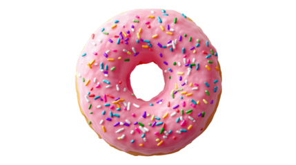 Isolated pink iced donut with rainbow sprinkles, top view, minimal shadow, high-res PNG