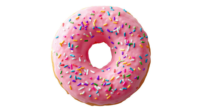 Isolated pink iced donut with rainbow sprinkles, top view, minimal shadow, high-res PNG