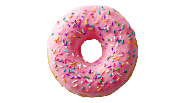 Isolated pink iced donut with rainbow sprinkles, top view, minimal shadow, high-res PNG