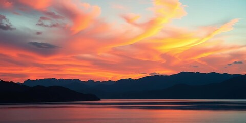 Obraz premium Vibrant sunset hues paint a serene landscape with silhouetted mountains and tranquil water, clouds, pink