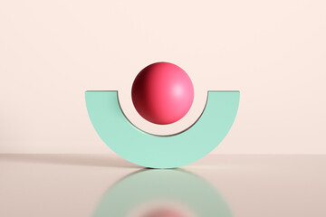 Pink sphere balancing on a turquoise semicircle shape