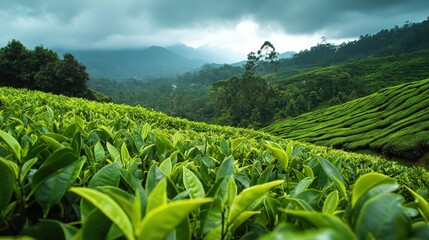 Lush green tea plantation sprawling up a hillside.