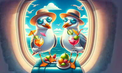 Möwen sitzen mit Urlaubskleidung, mit Cocktail , Sonnenbrille und Sonnenhut in einem Flugzeug