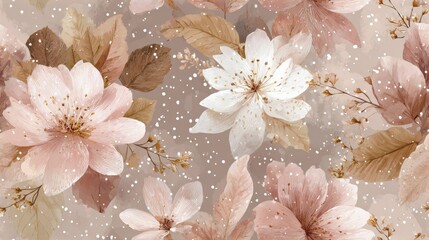 Chic Pastel Floral Wallpaper with Vintage Leaf Details and Hand-Painted Watercolor Style.