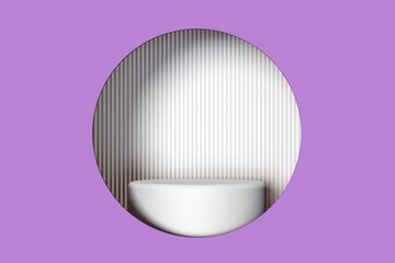 Minimalist abstract purple background with white podium and striped wall, ideal for showcasing products