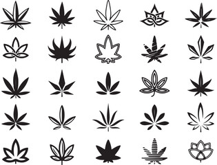 Cannabis Leaf Icon Set – Black and White Marijuana Symbol, Medical Weed, Plant Vector Illustration, Outline Design