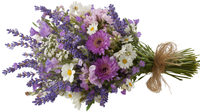 Fresh summer bouquet with wildflowers and lavender, tied with rustic string, white background PNG - Powered by Adobe