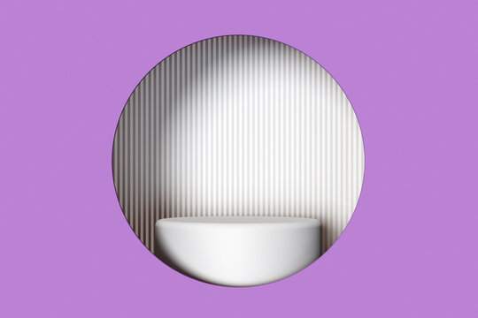 Minimalist abstract purple background with white podium and striped wall, ideal for showcasing products
