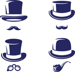 Gentleman Hat Icon Set – Blue Top Hat, Bowtie, Mustache, Formal Wear, Vintage Accessories, Classic Vector Style