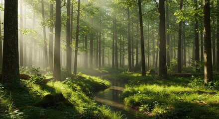 Fototapeta premium Sunbeams in Misty Forest, Tranquil Nature Scene