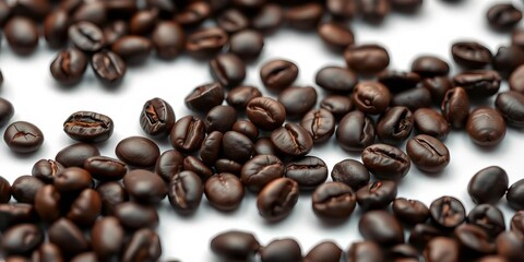Obraz premium Close-up of dark roasted coffee beans, isolated on white, dark, morning