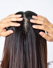 Woman with Dandruff on Her Head Showing Dry Scalp.