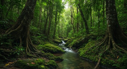 Obraz premium Lush Rainforest Landscape with Creek