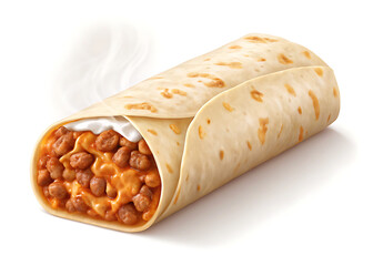 Cheesy hot bean burrito wrapped in soft tortilla, isolated on white
Burrito caliente de frijoles con queso envuelto en tortilla suave, fondo blanco