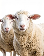 Two Fluffy Sheep Close Up Portrait Against White Background.