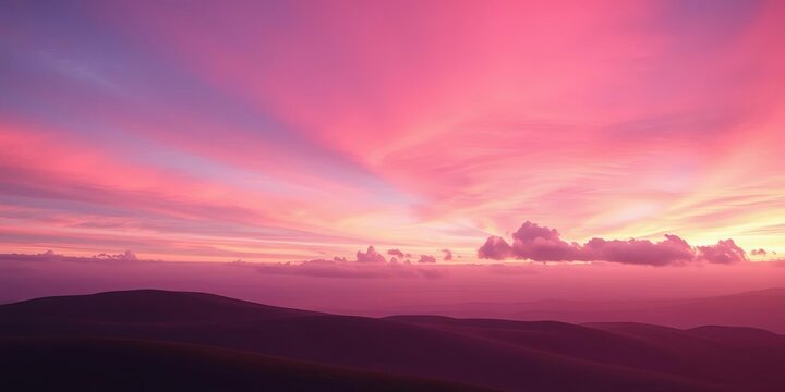 Dreamy purple-pink landscape, rainbow sunset, soft clouds, rolling hills Digital art,  calming,  beautiful