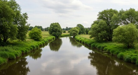 Fototapeta premium Serene River Landscape: Lush Green Banks and Calm Waters