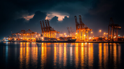 Obraz premium cranes and containers lit by industrial lights, shipping logistics hub