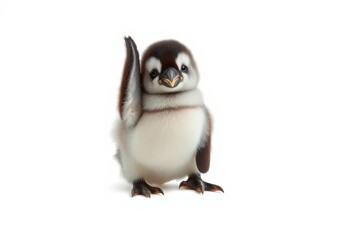 Fototapeta premium Fluffy penguin chick playfully raises wing, isolated on white , aquatic bird, small