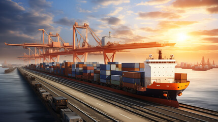 Obraz premium Cargo ship, freight train, logistics, global supply chain connection concept