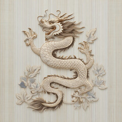Fototapeta premium A dragon is carved out of wood and has a leafy background