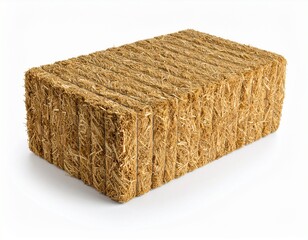 Rectangular Bale of Straw Isolated on White Background.