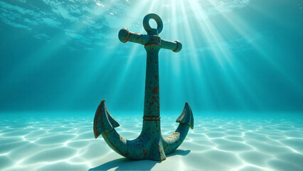 A weathered anchor rests on a sandy seabed, illuminated by bright sunbeams piercing through clear blue ocean water. Symbolizes stability, security, hope, and maritime themes.