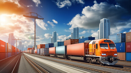 Fototapeta premium freight train, and trucks shown together representing intermodal logistics, global supply chain connection concept