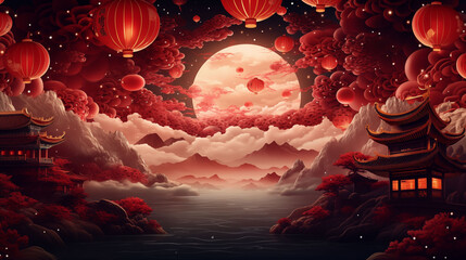 Chinese New Year background with red lanterns, golden dragon,traditional Chinese pattern