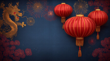 golden dragon, fireworks in night sky, traditional Chinese pattern