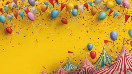 Colorful carnival background with flags, confetti, balloons and tents