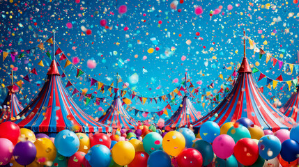 Colorful carnival background with flags, confetti, balloons and tents, vibrant party atmosphere