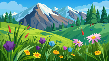 Fototapeta premium Vector art of snowy mountains rise above a vibrant green valley filled with colorful wildflowers