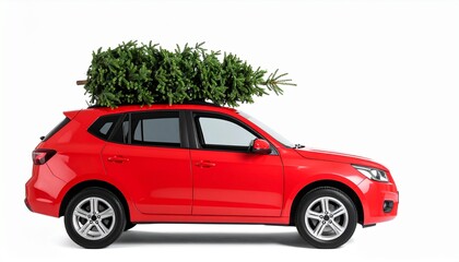 Fototapeta premium Red SUV Car Carrying Christmas Tree on Roof Rack.