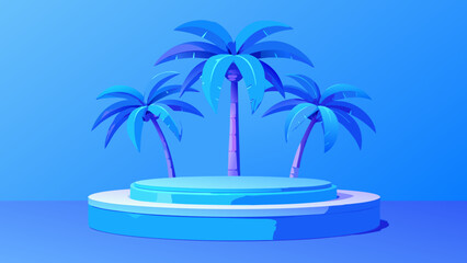 Fototapeta premium Vector art of three palm trees stand on a blue podium against a blue background
