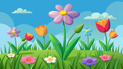 Fototapeta premium Vector art of a vibrant spring meadow bursts with colorful flowers under a bright blue sky