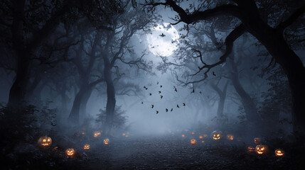 bats flying across full moon, branches casting shadows