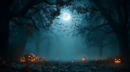 Creepy forest at night with fog,branches casting shadows