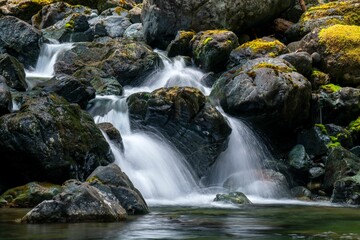 Serene waterfall cascading over moss-covered rocks. Rosewall Creek Waterfalls, Vancouver Island.