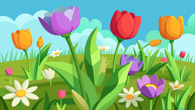 Vector art of a vibrant spring garden filled with colorful tulips and daisies under a blue sky