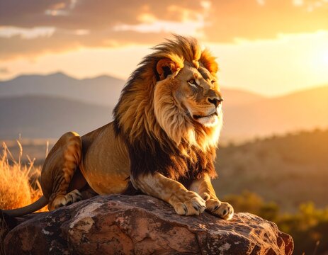 Fototapeta majestatyczny lew o zachodzie słońca