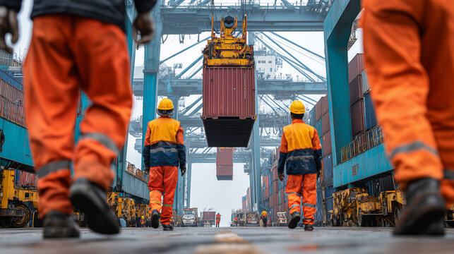 Dock workers managing container loading with safety equipment, busy shipping terminal, teamwork in logistics industry