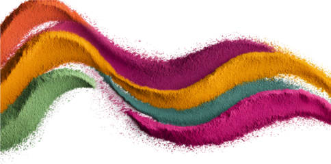 Vibrant colored powders arranged in wavy patterns for Holi celebration isolated