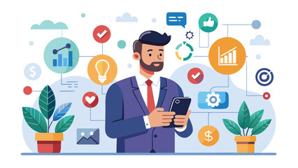 Vector art of a businessman uses his smartphone surrounded by business icons and charts
