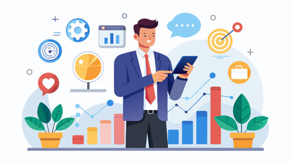 Vector art of a businessman holds a tablet, surrounded by business icons and financial charts