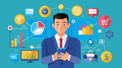Vector art of a businessman holds a smartphone with various business icons and data visualizations