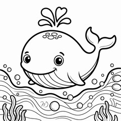 Obraz premium Playful Aquatic Friend: A charming illustration of a cheerful whale frolicking in the ocean waves, spouting a whimsical display of water.